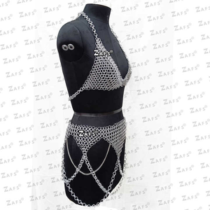 Fait à la main Sexy Viking Halloween fête armure Antique en aluminium cotte de mailles Bikini licou soutien-gorge jupe forme sculpté gravure métal - Product Image 4