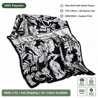 Selimut Lempar Motif Daun Botani Hitam Putih Setengah Beludru Ultra Lembut 170x130cm Semua Musim untuk Sofa Rumah Cetak Kustom Grosir