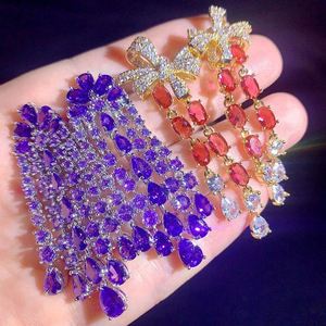 Boucles d'oreilles pendantes en alliage de cuivre, style vintage de luxe, avec breloques fleur en cristal coloré, pompon et strass, plaqué or 18K - Product Image 4