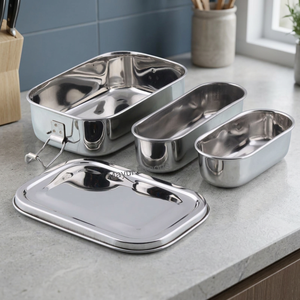 Sustainable Eco-Friendly Rectangle Stainless Steel 2-Layer Lightweight Easy-Clean Lunch <b>Box</b> Detachable Snack Cups <b>Storage</b> <b>Bins</b> - Product Image 2
