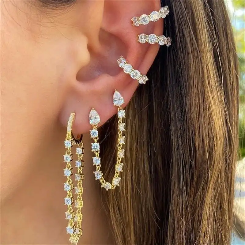 Hot Sale Wholesale Bohemian Shiny Rhinestone Claw Chain Tassel 5 Piece Set Earrings Women Fashion Crystal Dangle Earring