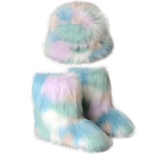 IDOIT vente chaude hiver chaud flou ensemble bottes en peluche colorées et chapeau <span class=keywords><strong>de</strong></span> pêcheur ensemble confortable femmes fourrure seau chapeau - Product Image 6
