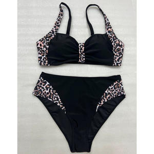 새로운 레오파드 무늬 색상 차단 플러스 사이즈 여성 하이 웨이스트 등이없는 분할 수영복 뚱뚱한 여자 비키니 수영복 여름 - Product Image 5