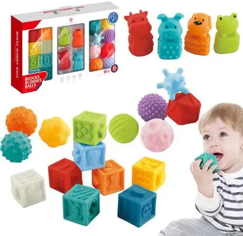 Educational Toy Soft Rubber Bath Building Block Massage Textured Ball Rubber Baby Stack Toy Build Block