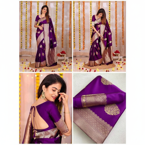 SAREE TRADITIONNEL LICHI SOIE ZARI TISSANT TRAVAIL avec CHEMISIER NON COUDU VIOLET - Product Image 1