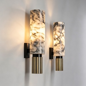 Lámpara de Pared Cilíndrica de Mármol Negro y Dorado, Lámpara de Pared de Alabastro con Base Acanalada de Latón, LED para Hotel, Dormitorio, Pasillo - Product Image 1