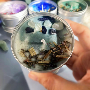 소이 왁스 밀랍 아이스크림 차크라 치유 돈 별자리 조디악 양철 유리 향초 안에 결정과 꽃 - Product Image 3