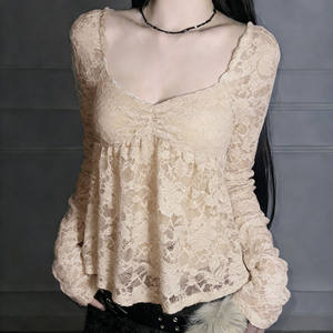 เสื้อยืดแขนยาวลูกไม้คอเหลี่ยมสไตล์ Pure Desire ดีไซน์บราในตัว เสื้อซับในทรงเข้ารูปเซ็กซี่ - Product Image 4