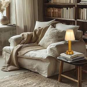 Luminária de Mesa Moderna LED Recarregável com Toque, Dimerizável, Abajur de Tecido Dourado Plissado, Carregamento Rápido Tipo-C, Iluminação Ambiente para Restaurantes - Product Image 1