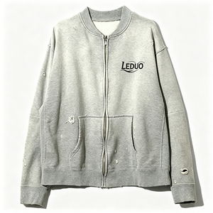 Chaqueta Bomber Vintage Gris Desgastada con Cierre, Logotipo Personalizado, Cuello de Béisbol, Sudadera Extra Grande y Gruesa para Hombre - Product Image 1