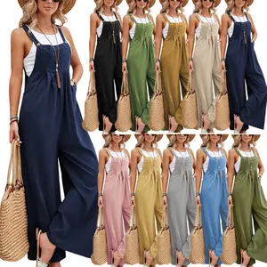 Bán Buôn Phụ Nữ Phụ Nữ Lỏng Jumpsuit Quần Áo Dây Đeo Túi Không Tay Treo Giản Dị Rộng Chân Thường Jumpsuit Romper