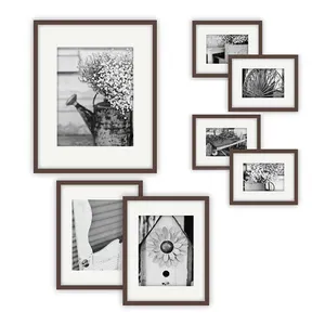 Gallery Perfect 7 Piece Walnut Photo Frame Gallery Wall Kit with Decorative Art Prints & Hanging Template