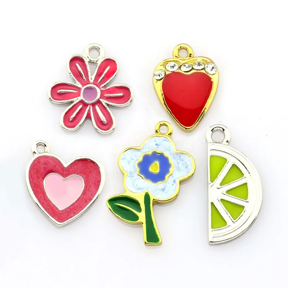 Personalized Alloy Necklace Charms And Pendants Custom Made Metal Flower Logo Heart Shaped Gold Plated Enamel Pendants