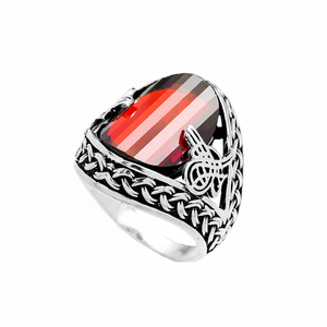 Triangle Cut Garnet Gemstone Ottoman Tugra Design <b>Men</b> <b>Rings</b> Authentic <b>Men</b> <b>Ring</b> Wholesale Handmade 925 Sterling Silver - Product Image 2