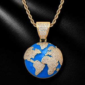 Collier pendentif globe terrestre en laiton émaillé bleu avec zircon cubique pour homme, style hip-hop, bijoux masculins, chaîne de mode - Product Image 5