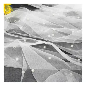 Wholesale White 3D Beaded Pearl Tulle Fabric for Wedding Dress/Veil