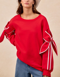 New Arrival Custom Sweet Style <b>Red</b> Bow Tie Drop Shoulder Pullover <b>Shirt</b> Casual <b>Oversized</b> 100% Cotton Crew Neck <b>Shirt</b> for Women - Product Image 4