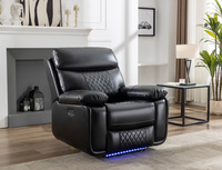 Sillón Reclinable Eléctrico de 3 Plazas en Cuero Sintético Negro, con Mesa para Vasos, Tira LED y Estructura Metálica Minimalista, Venta al Por Mayor