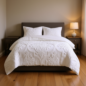 Juego de Funda de Edredón de Chenilla de Algodón con Diseño de Damasco, 3 Piezas, Ropa de Cama Acolchada Clásica para el Hogar, Color Blanco - Product Image 2