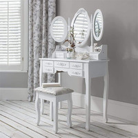 Commode de maquillage blanche OEM d'usine avec tabouret et miroirs Tri-Floding