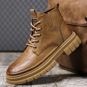 Botas para Hombre, con Punta Redonda, de Cuero, con Cordones, Antideslizantes, Forro de Felpa, Suela de Goma, Botas de Trabajo Casuales de Invierno - Product Image 1