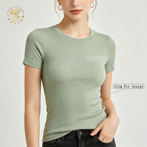 T-shirt basique blanc en coton décontracté avec logo personnalisé, style Y2K, coupe slim, col côtelé, pour femme, directement de l'usine - Product Image 1