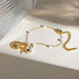 Bracelet à breloques tendance, chaîne dorée, perle, coquillage, pendentif étoile de mer, bijoux pour femmes - Product Image 3