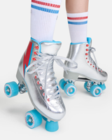 Patins à roulettes Quad pour femmes Chaussures de skate rétro en cuir végétalien argenté pour usage extérieur et intérieur
