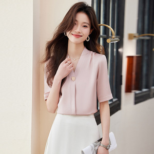 Women's Chiffon Short Sleeve Blouse Solid Color V Neck Office Shirt Polyester Fabric Sheer Layer Design - Product Image 2