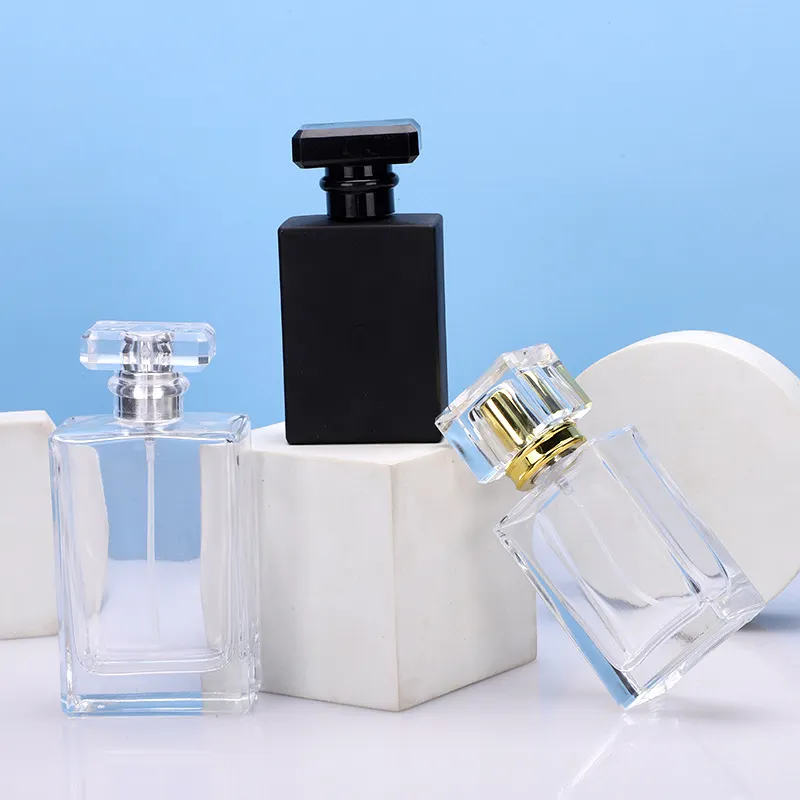 1オンス高級香水スプレーボトルファインミストクリアガラス50ml100ml空のブラックスクエア香水瓶アクリルキャップ付き