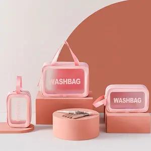 Оптовая продажа, розовый прозрачный органайзер для туалетных принадлежностей из ПВХ, водонепроницаемая Портативная сумка для мытья, индивидуальная прозрачная дорожная косметичка для макияжа
