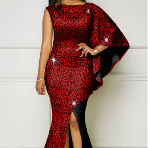 2021 OEM Custom Fashion Elegant Woman Hot Stamping Red Side Slit Maxi Dress
