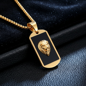 Stainless Steel Asymmetrical Geometric Lion Pendant Necklace Black Enamel Gold Tone Dog Tag for Men Women Gift Jewelry - Product Image 1