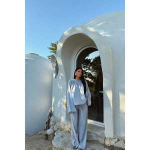 Ensemble en lin bleu Rozi 2 pièces avec logo personnalisable, coupe ample, tenue pour femme, pantalon large et haut, automne, taille XS à XL - Product Image 3