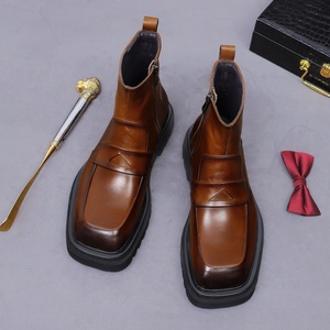 Bottes pour hommes en cuir véritable, style britannique, avec fermeture éclair latérale, chaudes, à bout carré, pour affaires, rehaussantes - Product Image 4