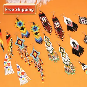 Free Shipping Dropshipping Bohemian Handmade Jewelry Colorful Long Tassel Miyuki Seed Bead Drop Hanging Earrings for Women