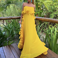 Nouvelle Robe de Soirée Élégante Plissée Longue à Volants et Épaules Dénudées pour Femme, Taille Haute, Coupe Évasée, Collection Été 2026