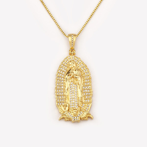 Pendentif Vierge Marie plaqué or avec cristaux de strass, charme religieux, bijoux de mode unisexe - Product Image 4