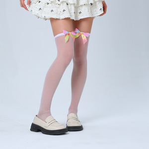 White Knee <b>Socks</b> With Colorful Bows Ultra Thin 0D Transparent Solid Color <b>Polyester</b> Women's Youth <b>Socks</b> - Product Image 3