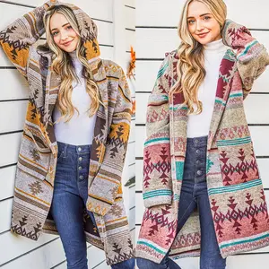 Venda quente Vintage Southwest Tribe asteca Midi Longo Poliéster De Lã Com Capuz Casacos Malha Hoodie Cardigan Com Bolsos Roupas