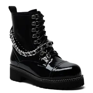 WETKISS 最新设计 ODM 鞋黑色漆皮靴子酷女孩摩托车靴系带高跟靴