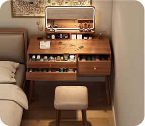 Table de maquillage en bois massif de style américain avec miroir, coiffeuse intégrée pour chambre à coucher, petite console moderne avec rangement - Product Image 4