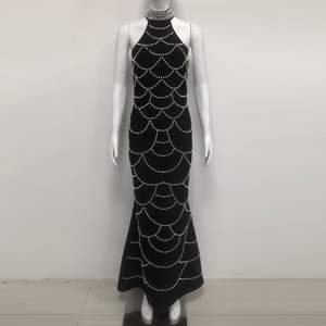 カスタムパールホルターネックフロアレングスドレス用エレガントマーメイドロングブラックイブニングドレスプロムドレス女性パーティー服XS - Product Image 1