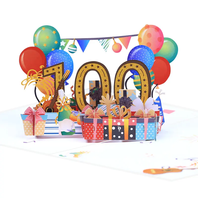 100 60th การออกแบบล่าสุดของขวัญวันเกิดสุขสันต์วันเกิดบอลลูน Confetti 3D Pop-Up การ์ดอวยพรเพลงและแสงวันเกิด 3D Pop-Up การ์ด