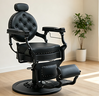 Fauteuil de Barbier Hydraulique Rétro Premium Noir Intégral avec Boutons Capitonnés, Mobilier de Salon pour Salon de Coiffure Masculin