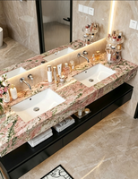 Meuble de salle de bain moderne de luxe à double vasque, noir, mural, avec comptoir en marbre et éclairage LED pour villa