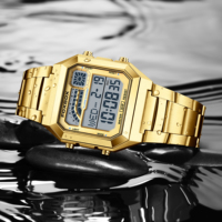 Untuk FB0076 Jam Tangan Digital Sport Kasual Emas Pria Wanita Persegi Baja Tahan Karat Layar LCD Fungsi Alarm Gerakan 40mm Sederhana