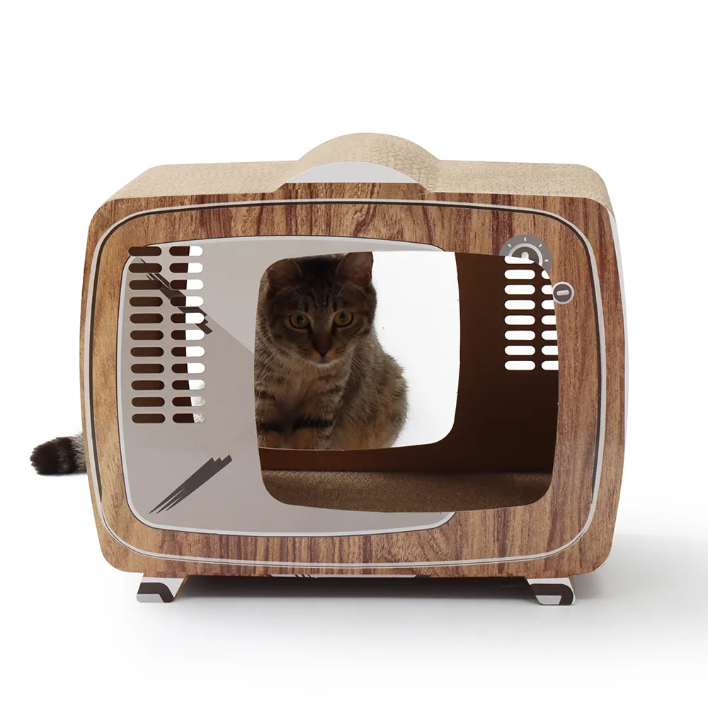 Casa de gato luxuosa em papelão ondulado para gatos e arranhador ecológico em forma de TV, fábrica na China