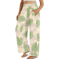 Low Moq Women's High Waist Wide Leg Palazzo Pants in Hawaiian Kalo Leaf Camouflage Print Pallazo Pants Women Floral Pants