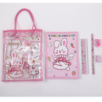 Útiles Escolares Kawaii, Juego de Papelería Portátil con Diseño de Dibujos Animados, Cuaderno, Sacapuntas, Borrador, Multicolor (Azul, Verde, Rosa, Morado)